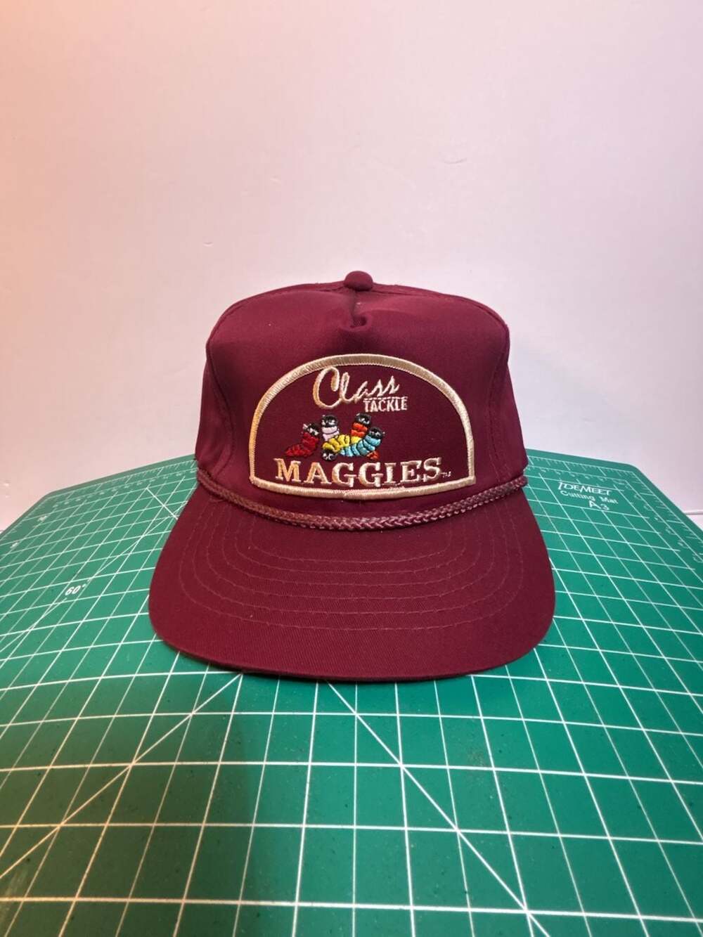 Vintage Young An Class Tackle Maggies Maroon Corduroy Rope Snapback Trucker Hat